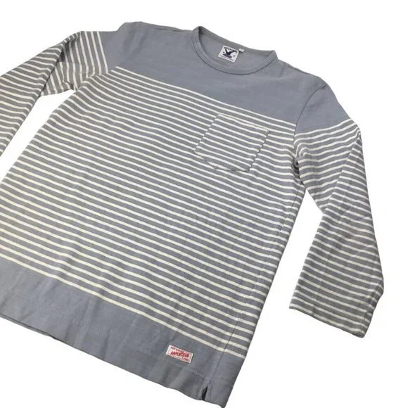 Arpenteur Top Shirt Mens XS France Pullover Striped 3/4 Sleeve Pocket Gray White - Picture 2 of 6
